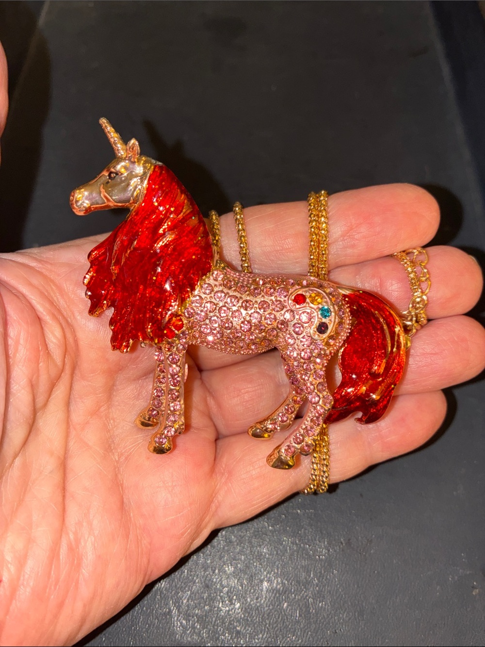 Gold-Tone Red & Pink Crystal Unicorn Pendant Necklace